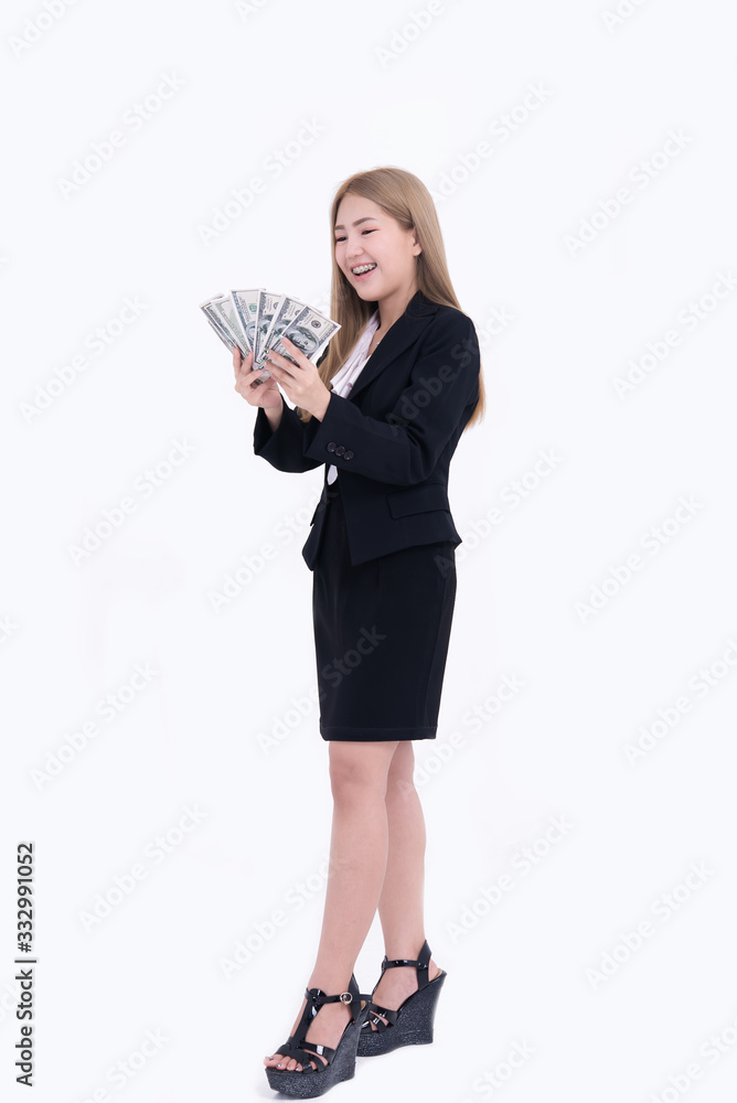 beautiful asian woman with dollar money in hand on white background,Worker has a lot of money,Day of pay,The salary of the employees,Thailand people beautiful asian woman with dollar money in hand on white background,Worker has a lot of money,Day of pay,The salary of the employees,Thailand people