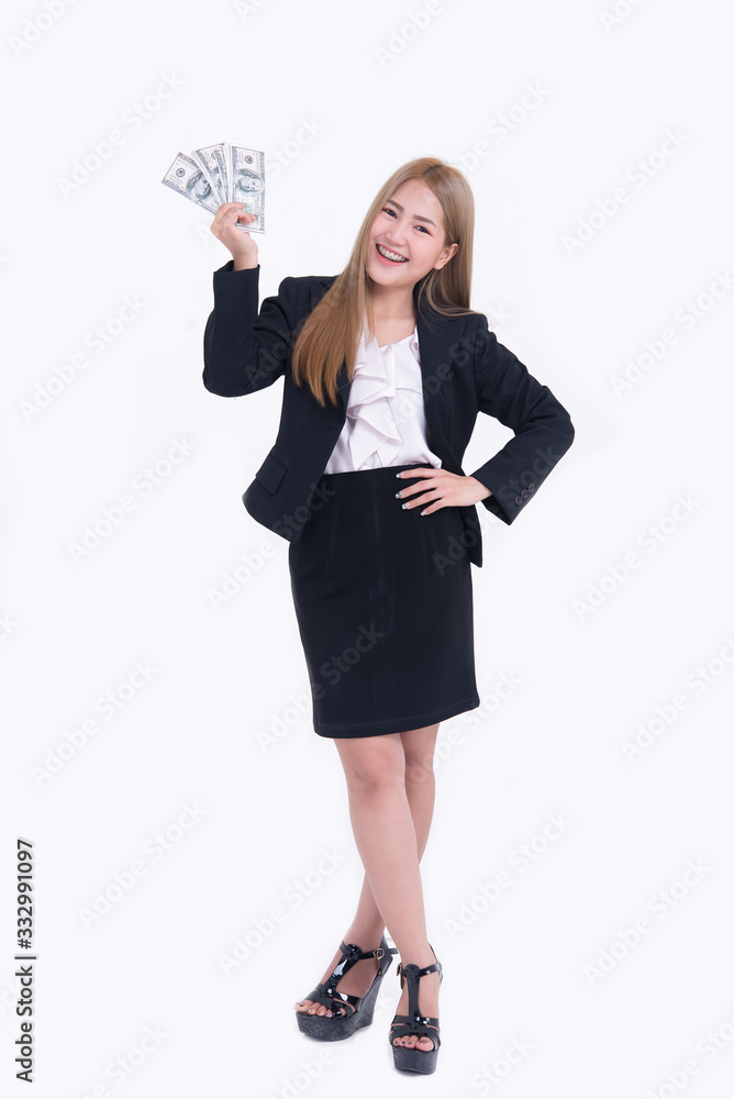 beautiful asian woman with dollar money in hand on white background,Worker has a lot of money,Day of pay,The salary of the employees,Thailand people beautiful asian woman with dollar money in hand on white background,Worker has a lot of money,Day of pay,The salary of the employees,Thailand people