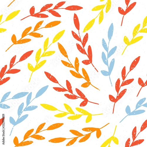 Colorful twigs with leaves on white background, seamless vector pattern.