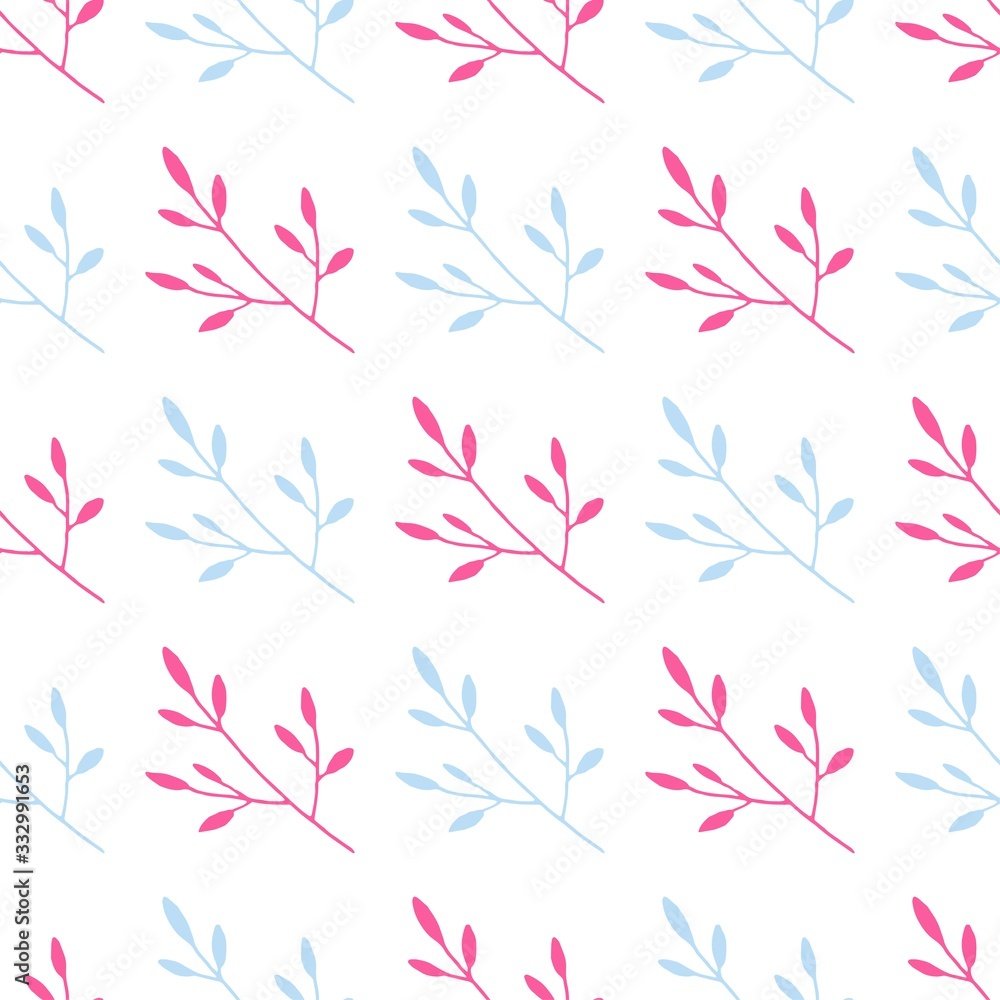 Seamless pattern of twigs of blue and pink color on a white background.