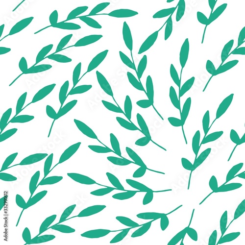 Leaves pattern. Seamless vector background of green branches on white.