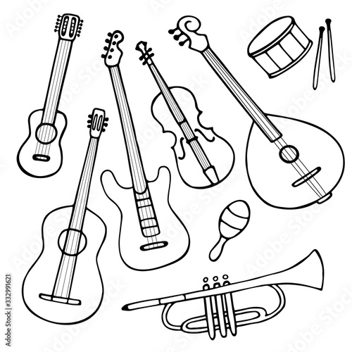 A set of hand-drawn musical instruments. Doodle elements of guitar, electric guitar, ukulele, trumpet, maracas, domra, violin. Vector