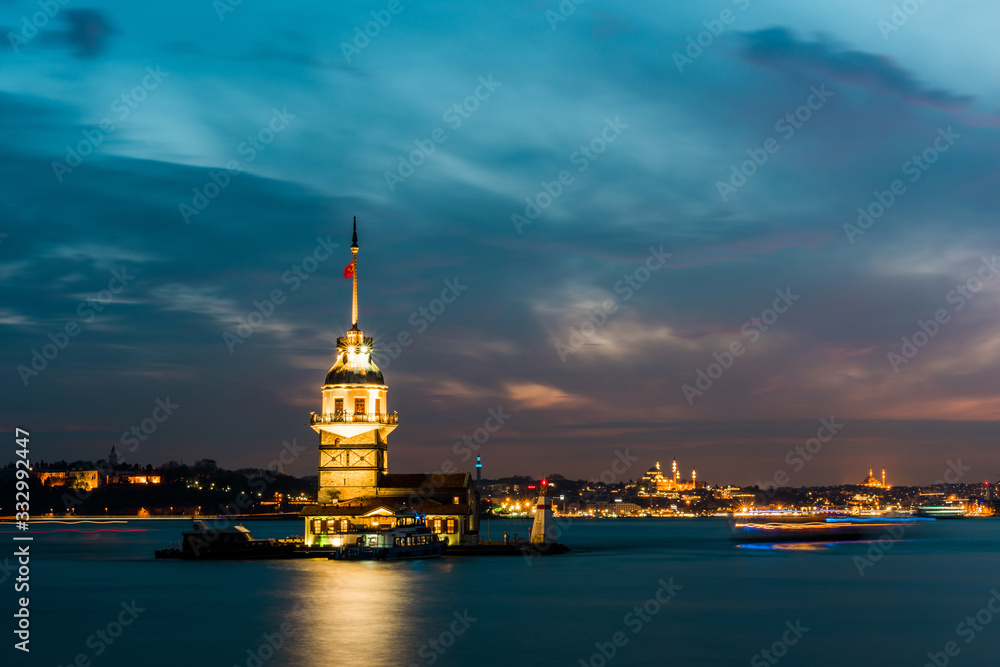 Maiden's Tower with sunset sky in Istanbul, Turkey (KIZ KULESI - USKUDAR).