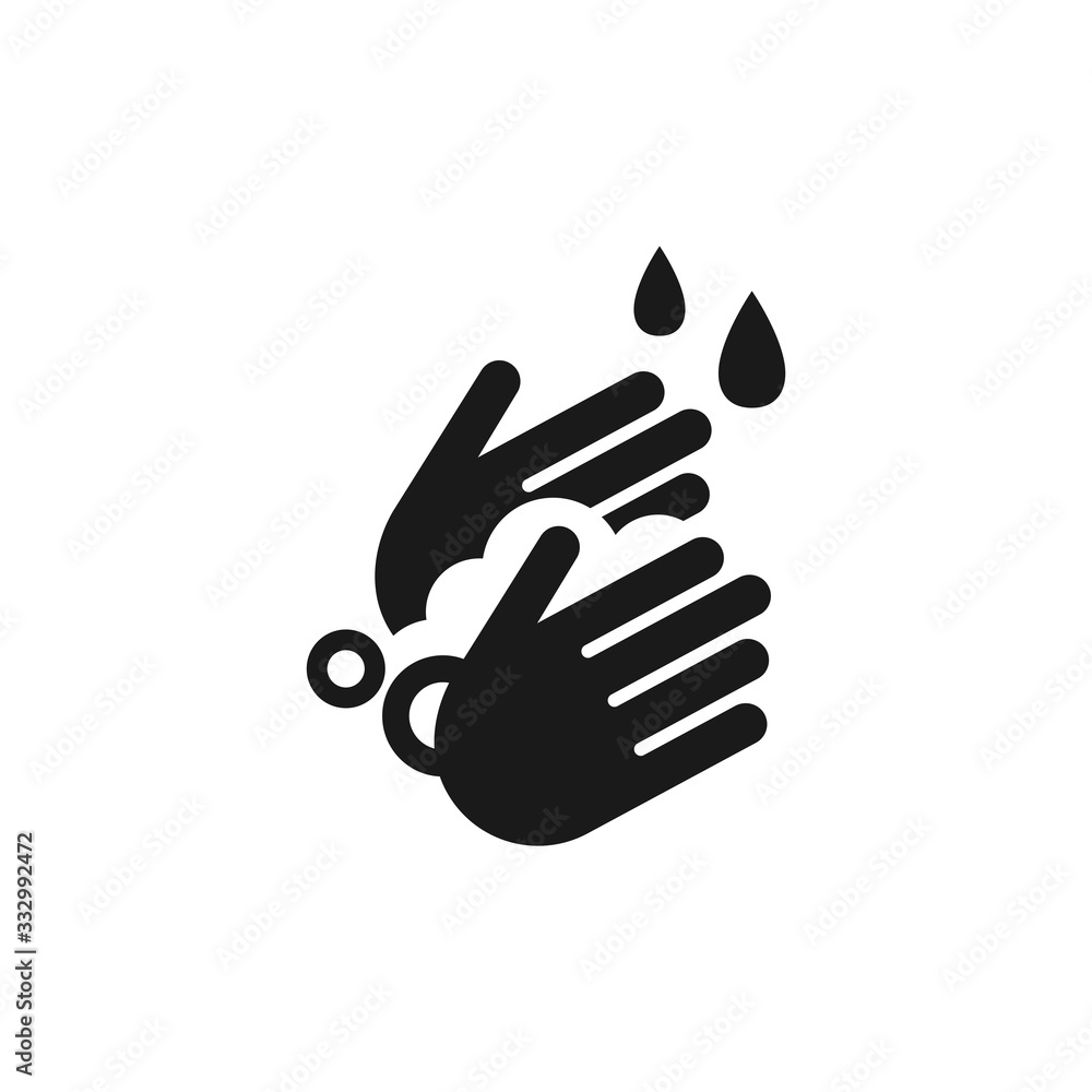 Hands washing with soap foam and water drops black isolated vector icon. Hands washing with soap foam and water drops black isolated vector icon.