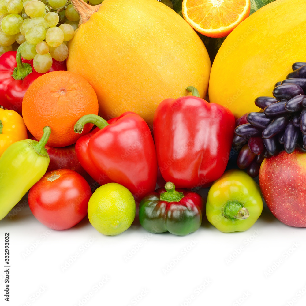 Vegetables and fruits isolated on a white background. Free space for text. Vegetables and fruits isolated on a white background. Free space for text.
