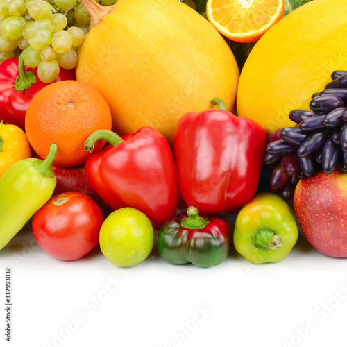 Vegetables and fruits isolated on a white background. Free space for text.