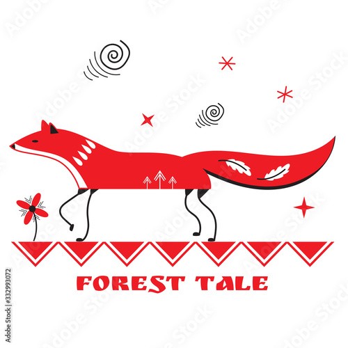 Forest tale. The fox is running through the forest. Folk art style.