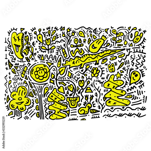 Black and white doodle style illustration with yellow. Flowers, pots, snail and crocodile doodle characters. Beautiful illustration for textiles.