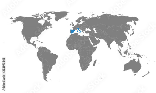 Spain  italy countries highlighted on world map. Diplomatic  trade  travel  health relations.
