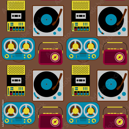 Vintage electronics seamless pattern. Retro background radio, type recorder and vynil record player in style of 60s and 70s