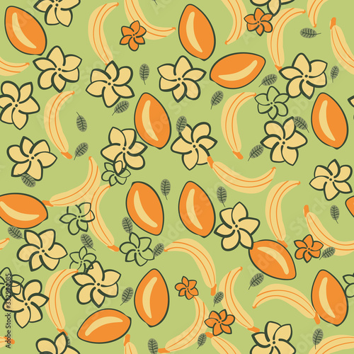 Mangos and bananas seamless vector pattern. Tropical fruit surface print design. For fabric, stationery and packaging.