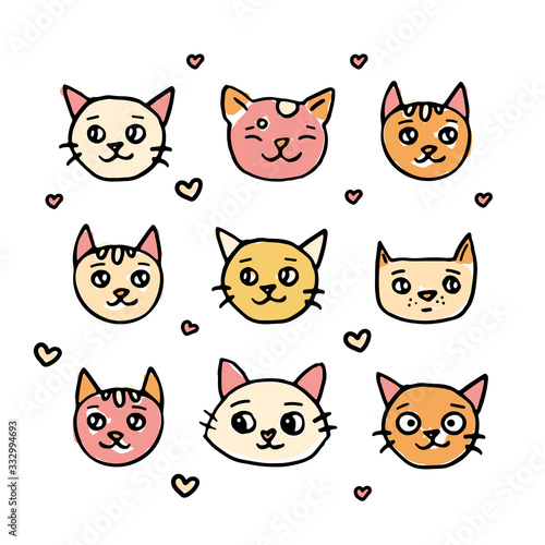 Hand drawn doodle set of cute cats heads, children design print for t-shirt and kids products 
