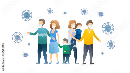 Family in protective masks attacked by coronavirus bacteria. Mother, father and son in danger situation. Epidemic MERS-CoV virus 2019-nCoV. Vector flat illustration concept on white background.
