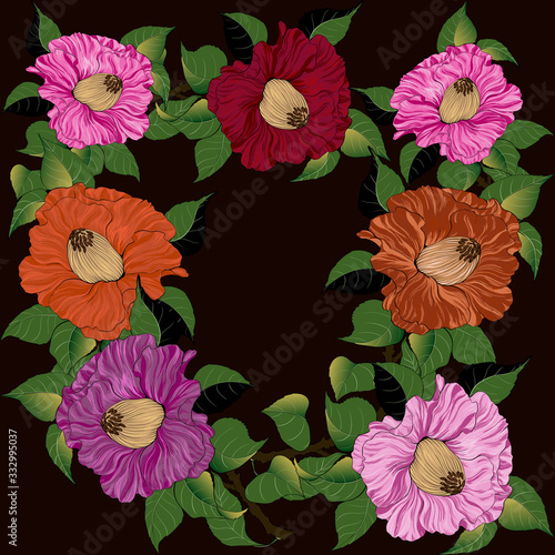 Vector pattern. Camellia - branches with flowers and leaves. Exotic flower on a light background. Use printed materials, signs, objects, sites, maps.