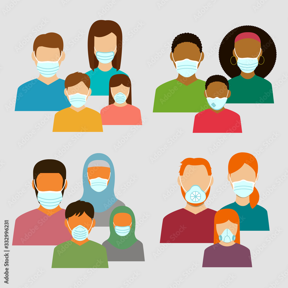 Family in protective medical masks. Protection mask against virus, infectious diseases and flu. Vector Family in protective medical masks. Protection mask against virus, infectious diseases and flu. Vector