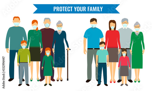 Family in protective medical masks. Protection mask against virus, infectious diseases and flu. Vector