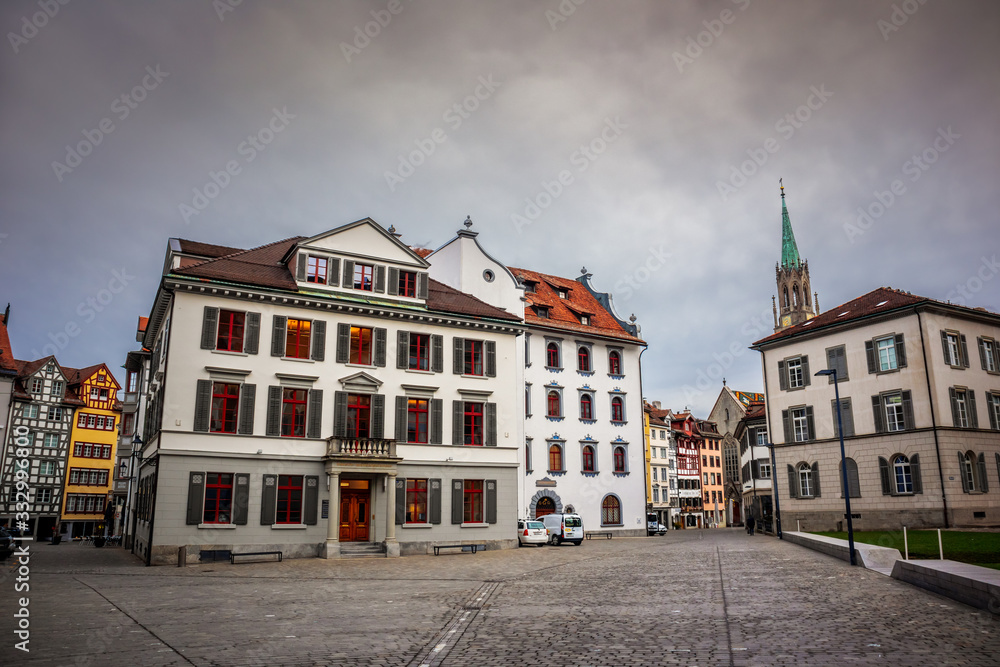 Old historical buildings on main square in St Gallen, town in Switzerland