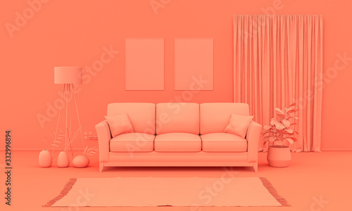 Interior room in plain monochrome pinkish orange color with furnitures and room accessories. Light background with copy space. 3D rendering