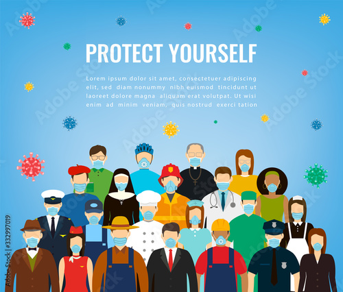 People in protective medical masks. Protection mask against virus, infectious diseases and flu. Coronavirus quarantine concept. Vector