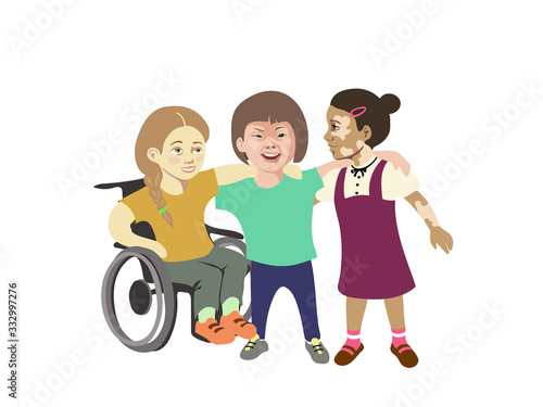 Three girls with special needs hugs and smiling together , disable girl on a wheelchair, one with down syndrome and dark color girl with vitiligo. Cartoon style vector illustration about socializing