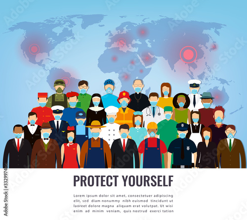 People in protective medical masks. Protection mask against virus, infectious diseases and flu. Coronavirus quarantine concept. Vector