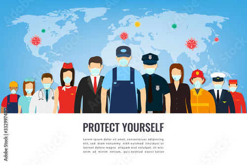 People in protective medical masks. Protection mask against virus, infectious diseases and flu. Coronavirus quarantine concept. Vector