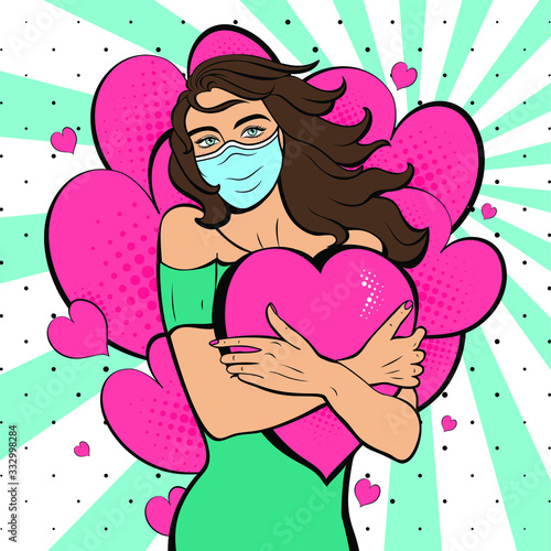 Pop art woman in mask with hearts. Vector background in comic style retro pop art. Illustration for print advertising and web. Face close-up.