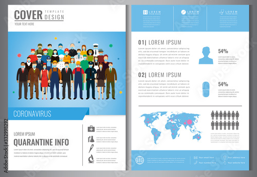 People in protective medical masks. Protection mask against virus, infectious diseases and flu. Coronavirus brochure template. Vector