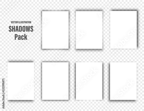 Vector shadows set. Page dividers on transparent background. Realistic isolated shadow and white blank paper in A4 format. Vector illustration.