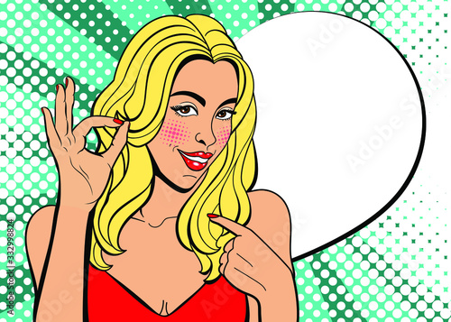 Sexy pop art woman with smile. Vector background in comic style retro pop art. Illustration for print advertising and web. Face close-up.