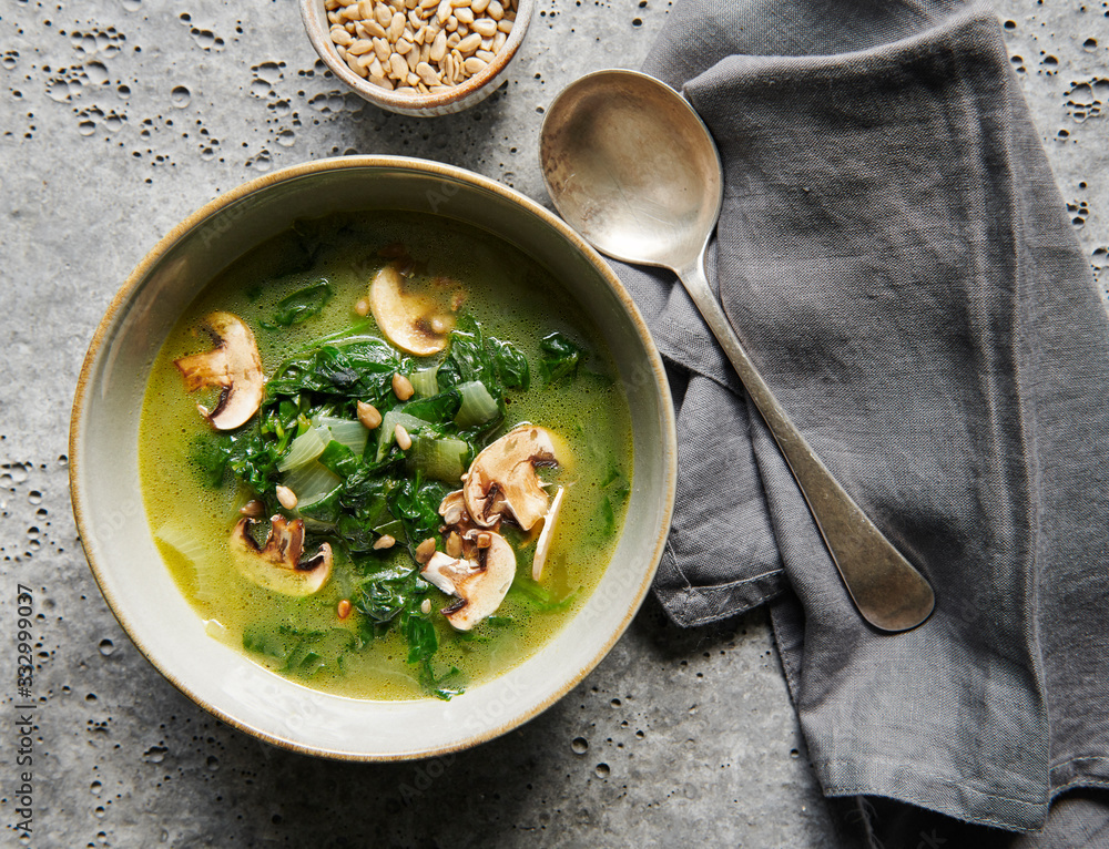 Spinach and mushroom soup Stock Photo | Adobe Stock