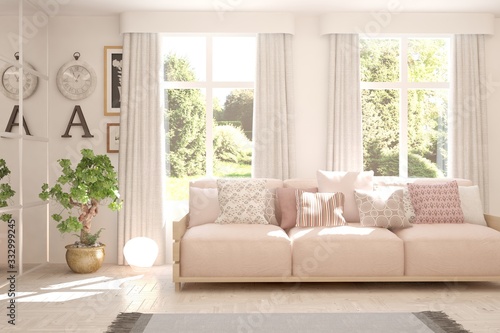 White living room with sofa and summer landscape in window. Scandinavian interior design. 3D illustration © AntonSh