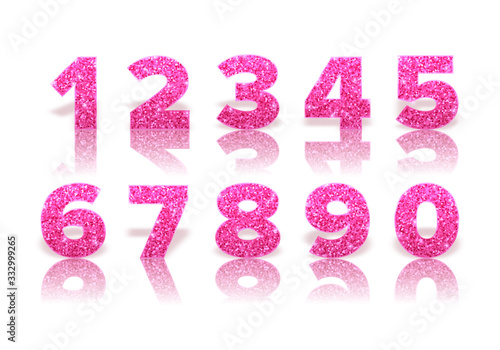 Pink glitter numbers with reflection and shadow isolated on white background. Holiday decoration. Vector