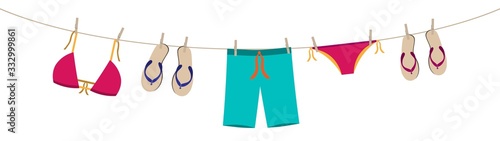 cartoon colorful hanging bath suits and flip flops af man and woman vector decorative garland isolated on white background for summer season