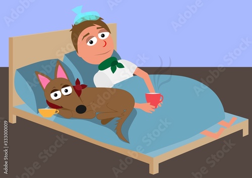 cartoon characters of man and dog liying sick in bed with tea and getting well funny vector illustration