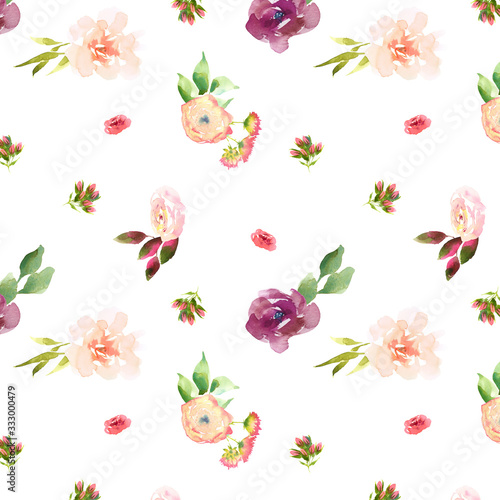 Wallpaper Mural Bright Wedding bridal romanric bouquet seamless pattern. Hand drawing watercolor red and purple and green flowers ornament Torontodigital.ca
