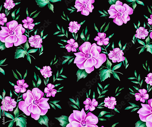 Fototapeta Naklejka Na Ścianę i Meble -  Watercolor pattern. Pink bouquets of flowers with leaves on a black background. Idea for textiles.