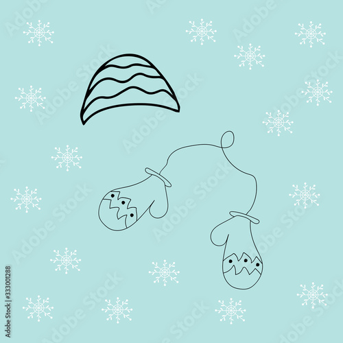 Vector with Warm winter hat and mittens in doodle style. Vector hand drawn illustration.