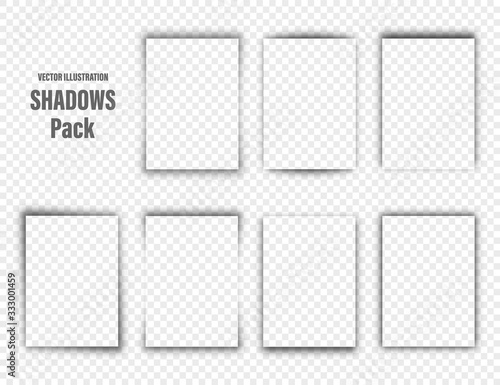 Vector shadows set. Page dividers on transparent background. Realistic isolated shadow for paper in A4 format. Vector illustration.