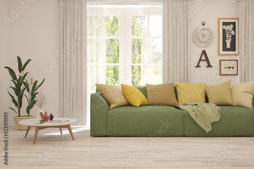 Wallpaper Mural White living room with sofa and summer landscape in window. Scandinavian interior design. 3D illustration Torontodigital.ca