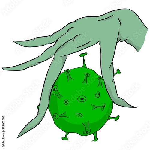Vector illustration of a hollow design. A terrible hand holds a microbe.
