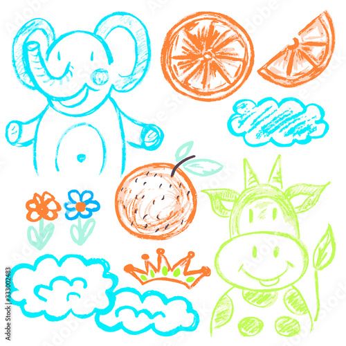 Cute childish drawing with wax crayons