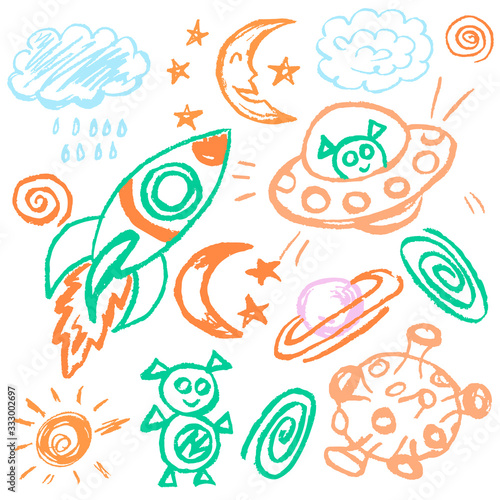 Cute childish drawing with wax crayons