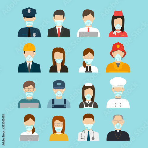 People in protective medical masks. Protection mask against virus, infectious diseases and flu. Coronavirus quarantine concept. Vector