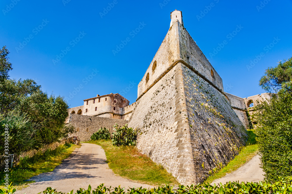 The defencive walls of Fort Carre castle in Antibes, Cote d'Azur, France