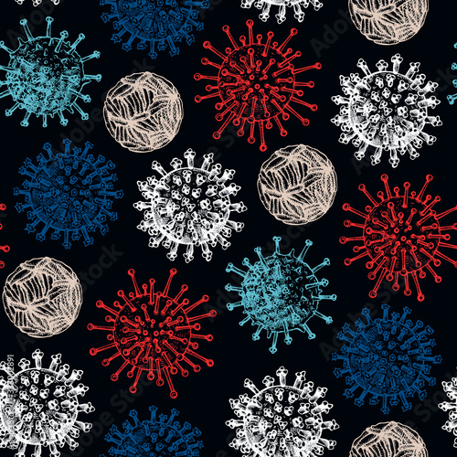 Different kinds of viruses seamless pattern. Biology organisms backdrop in vintage engraved style. Respiratory virus infection background. Hand drawn corona virus.  Coronavirus 2019-nCoV and other.