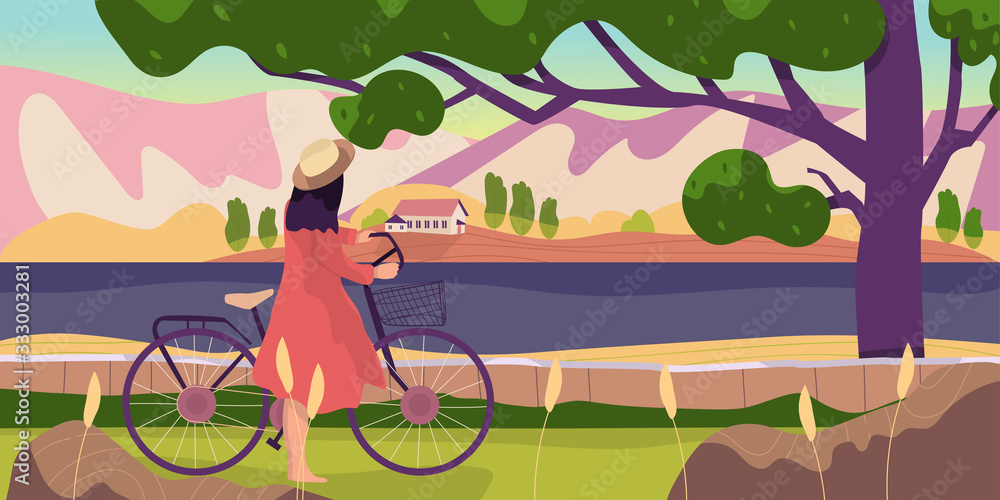 Obraz premium Hand drawn of beautiful landscape with a girl. Trendy vector illustration. All elements are isolated.