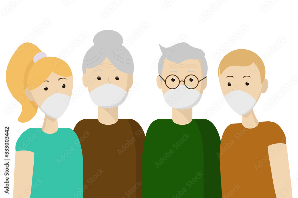 A family of old men and young people in medical masks. Protect yourself from viruses and pollution. Flat style characters for posters and banners about pandemic.