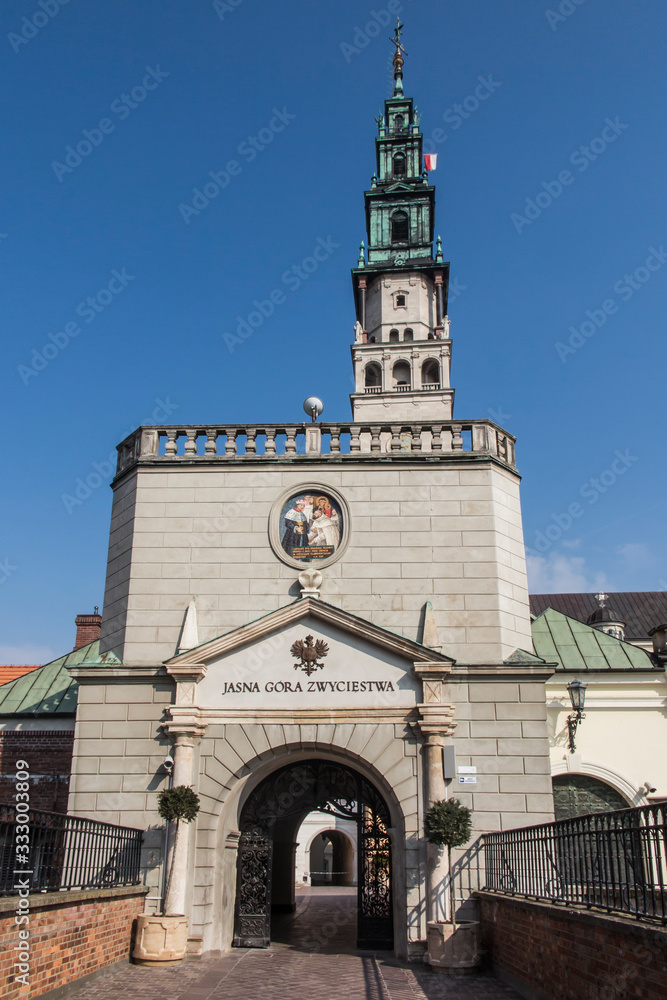Czestochowa, Poland, 19 March 2020: Entrance gate to the sanctuary of the Mother of God in Jasna Góra in Częstochowa. Because of the Coronavirus COVID-19 epidemic, there are no people