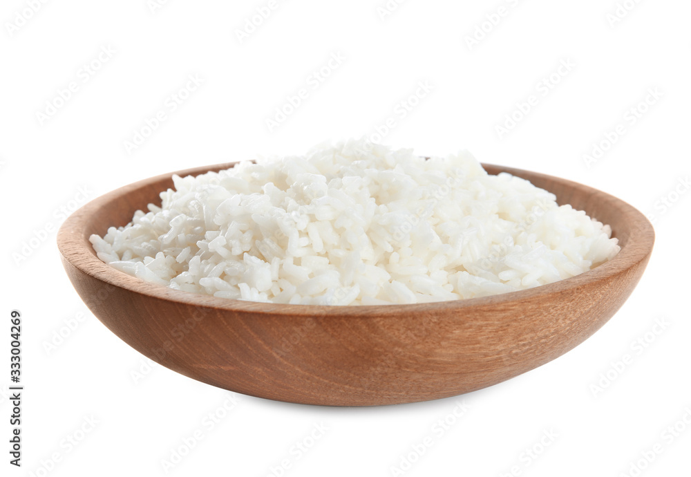 Wooden bowl with cooked rice isolated on white Wooden bowl with cooked rice isolated on white